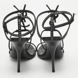 Pre Owned Saint Laurent Black Studded Leather Cassandra Ankle Strap Sandals Size 36