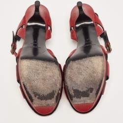 Saint Laurent Paris Red Textured Leather Tribute Platform Ankle Strap Sandals Size 41