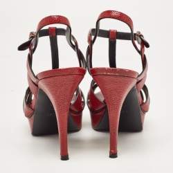 Saint Laurent Paris Red Textured Leather Tribute Platform Ankle Strap Sandals Size 41
