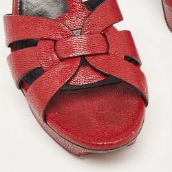 Saint Laurent Paris Red Textured Leather Tribute Platform Ankle Strap Sandals Size 41