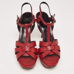 Saint Laurent Paris Red Textured Leather Tribute Platform Ankle Strap Sandals Size 41