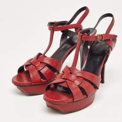 Saint Laurent Paris Red Textured Leather Tribute Platform Ankle Strap Sandals Size 41