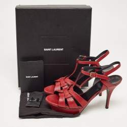 Saint Laurent Paris Red Textured Leather Tribute Platform Ankle Strap Sandals Size 41
