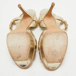 Pre Owned Saint Laurent Gold Textured Leather Tribute Sandals Size 38