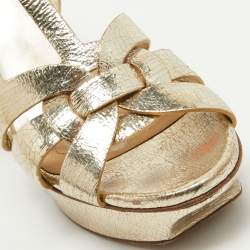 Pre Owned Saint Laurent Gold Textured Leather Tribute Sandals Size 38