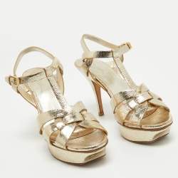 Pre Owned Saint Laurent Gold Textured Leather Tribute Sandals Size 38