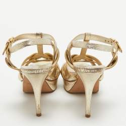 Pre Owned Saint Laurent Gold Textured Leather Tribute Sandals Size 38
