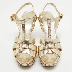 Pre Owned Saint Laurent Gold Textured Leather Tribute Sandals Size 38
