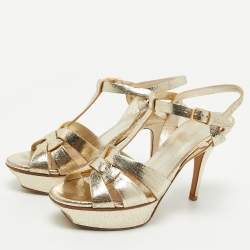 Pre Owned Saint Laurent Gold Textured Leather Tribute Sandals Size 38