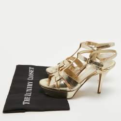 Pre Owned Saint Laurent Gold Textured Leather Tribute Sandals Size 38