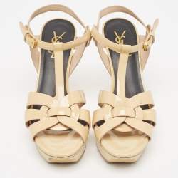 Saint Laurent Beige Patent Tribute Ankle Strap Sandals Size 37