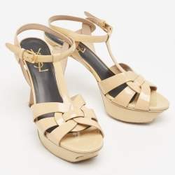 Saint Laurent Beige Patent Tribute Ankle Strap Sandals Size 37