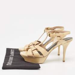 Saint Laurent Beige Patent Tribute Ankle Strap Sandals Size 37