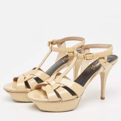 Saint Laurent Beige Patent Tribute Ankle Strap Sandals Size 37