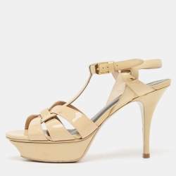 Saint Laurent Beige Patent Tribute Ankle Strap Sandals Size 37