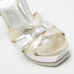 Pre Owned Saint Laurent Paris Silver/Gold Leather Tribute Platform Ankle Strap Sandals Size 40.5
