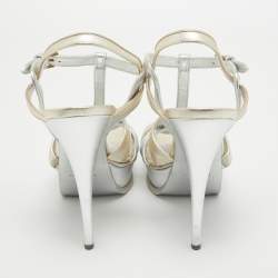 Pre Owned Saint Laurent Paris Silver/Gold Leather Tribute Platform Ankle Strap Sandals Size 40.5