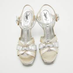 Pre Owned Saint Laurent Paris Silver/Gold Leather Tribute Platform Ankle Strap Sandals Size 40.5