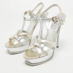 Pre Owned Saint Laurent Paris Silver/Gold Leather Tribute Platform Ankle Strap Sandals Size 40.5
