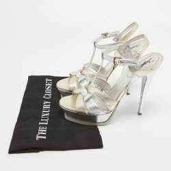 Pre Owned Saint Laurent Paris Silver/Gold Leather Tribute Platform Ankle Strap Sandals Size 40.5