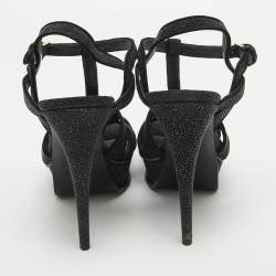 مملوكة مسبقًا Saint Laurent Black Textured Suede Tribute Ankle Strap Sandals Size 40.5