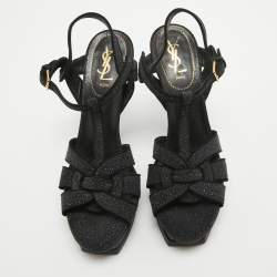 مملوكة مسبقًا Saint Laurent Black Textured Suede Tribute Ankle Strap Sandals Size 40.5