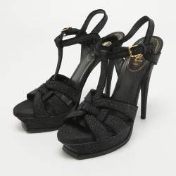مملوكة مسبقًا Saint Laurent Black Textured Suede Tribute Ankle Strap Sandals Size 40.5