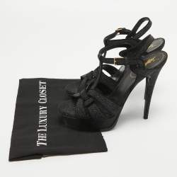 مملوكة مسبقًا Saint Laurent Black Textured Suede Tribute Ankle Strap Sandals Size 40.5