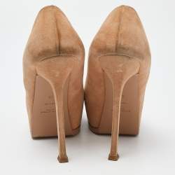 Saint Laurent Beige Suede and Patent Leather Cap Toe Tribtoo Platform Pumps Size 39