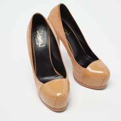 Saint Laurent Beige Suede and Patent Leather Cap Toe Tribtoo Platform Pumps Size 39