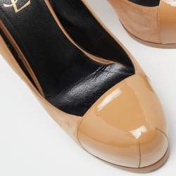 Saint Laurent Beige Suede and Patent Leather Cap Toe Tribtoo Platform Pumps Size 39