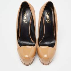 Saint Laurent Beige Suede and Patent Leather Cap Toe Tribtoo Platform Pumps Size 39