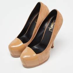 Saint Laurent Beige Suede and Patent Leather Cap Toe Tribtoo Platform Pumps Size 39