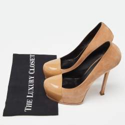 Saint Laurent Beige Suede and Patent Leather Cap Toe Tribtoo Platform Pumps Size 39