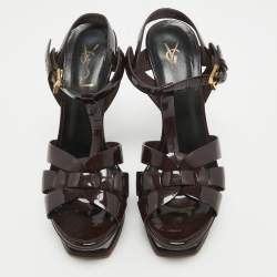 Saint Laurent Paris Burgundy Patent Leather Tribute Platform Ankle Strap Sandals Size 38