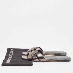 Saint Laurent Metallic Leather Tribute Flat Slides Size 40.5  