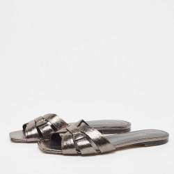 Saint Laurent Metallic Leather Tribute Flat Slides Size 40.5  