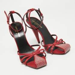 Saint Laurent Red Leather Studded Ankle Strap Sandals Size 38