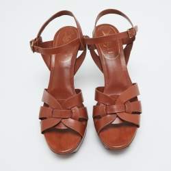 Pre Owned Saint Laurent Brown Leather Tribute Platform Sandals Size 39