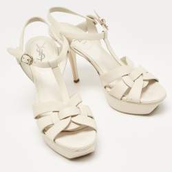 Saint Laurent Cream Leather Tribute Ankle Sandals Size 38.5