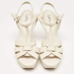 Saint Laurent Cream Leather Tribute Ankle Sandals Size 38.5