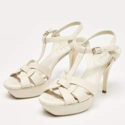 Saint Laurent Cream Leather Tribute Ankle Sandals Size 38.5