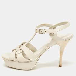 Saint Laurent Cream Leather Tribute Ankle Sandals Size 38.5