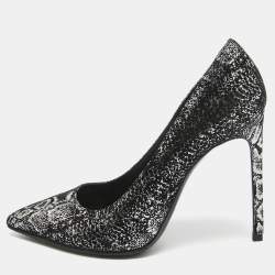 Saint Laurent Black/Silver Laminated Suede Pointed Toe Pumps Size 38