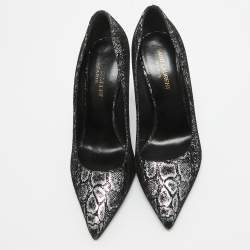 Saint Laurent Black/Silver Laminated Suede Pointed Toe Pumps Size 38