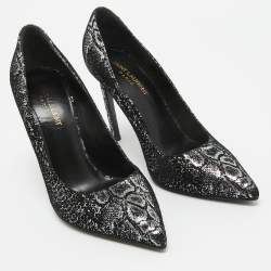 Saint Laurent Black/Silver Laminated Suede Pointed Toe Pumps Size 38