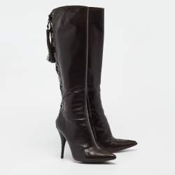 Pre Owned Yves Saint Laurent Brown Leather Lace Up Midcalf Boots Size 37.5