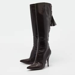 Pre Owned Yves Saint Laurent Brown Leather Lace Up Midcalf Boots Size 37.5