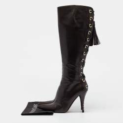 Pre Owned Yves Saint Laurent Brown Leather Lace Up Midcalf Boots Size 37.5