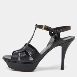 Pre Owned Saint Laurent Black Croc Embossed Leather Tribute Ankle Strap Sandals Size 37.5